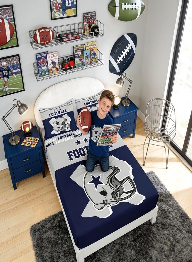 Homewish American Football Kids Fitted Sheet Twin Size,Western Texas Star Cowboy Football Sports Bedding Set,Boys Men Room Decor,Rugby Helmet Games Bed Cover,Blue Grey Bed Sheet,1 Pillowcase - Image 2