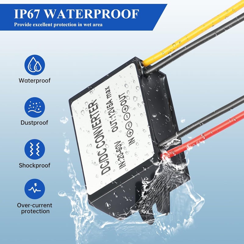 محول تخفيض الجهد من 20V إلى 12V بقدرة 5A وطاقة 60W، بجهود دخول 24V/36V/48V، مزود بكتلة توصيل وقاطع كهربائي مقاوم للماء (IP67)، يوفر حماية ضد الدوائر القصيرة والتيار الزائد وارتفاع درجة الحرارة، مخصص للاستخدام في الأجهزة القياسية. - Image 5