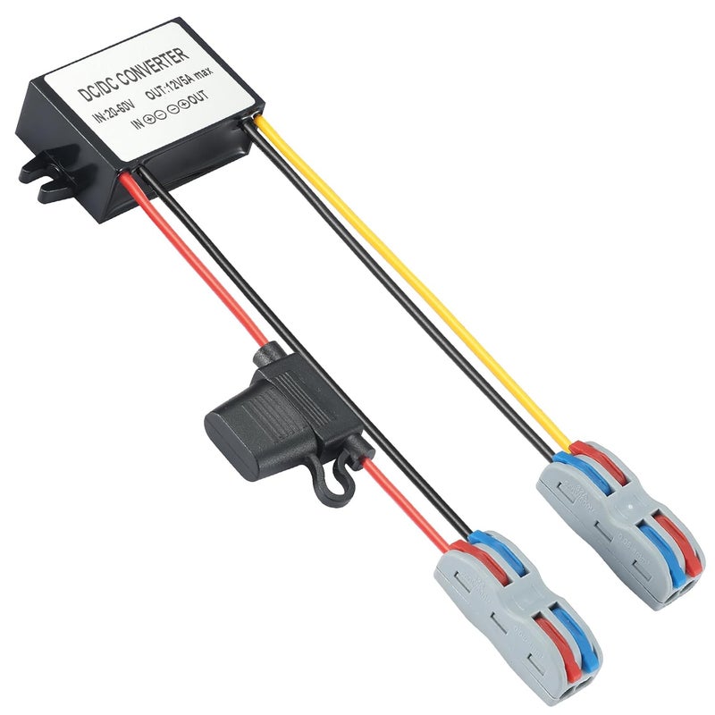 محول تخفيض الجهد من 20V إلى 12V بقدرة 5A وطاقة 60W، بجهود دخول 24V/36V/48V، مزود بكتلة توصيل وقاطع كهربائي مقاوم للماء (IP67)، يوفر حماية ضد الدوائر القصيرة والتيار الزائد وارتفاع درجة الحرارة، مخصص للاستخدام في الأجهزة القياسية. - Image 1