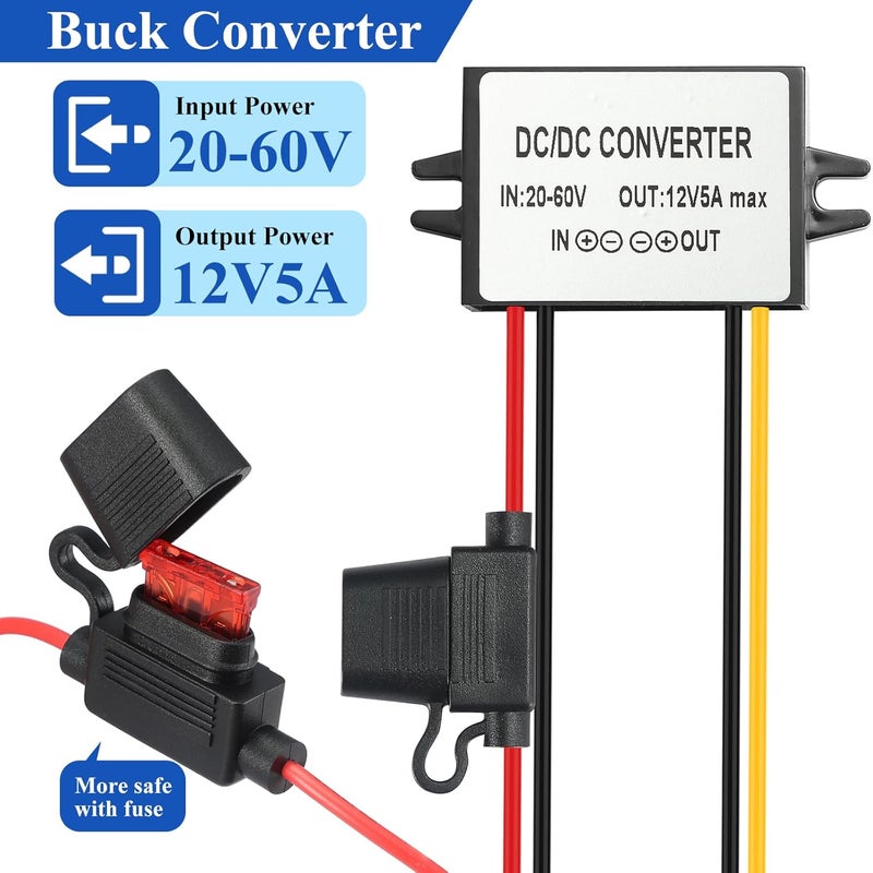 محول تخفيض الجهد من 20V إلى 12V بقدرة 5A وطاقة 60W، بجهود دخول 24V/36V/48V، مزود بكتلة توصيل وقاطع كهربائي مقاوم للماء (IP67)، يوفر حماية ضد الدوائر القصيرة والتيار الزائد وارتفاع درجة الحرارة، مخصص للاستخدام في الأجهزة القياسية. - Image 2