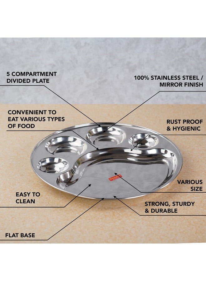 Sumeet Stainless Steel Round 5 in 1 Compartment Lunch/Dinner Plate Set of 3Pcs, 34cm Dia, Silver - Image 2