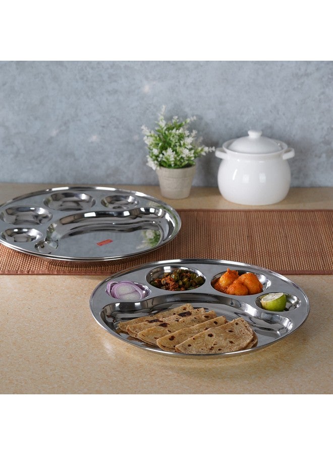 Sumeet Stainless Steel Round 5 in 1 Compartment Lunch/Dinner Plate Set of 3Pcs, 34cm Dia, Silver - Image 3
