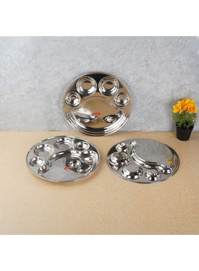 Sumeet Stainless Steel Round 5 in 1 Compartment Lunch/Dinner Plate Set of 3Pcs, 34cm Dia, Silver - Image 5