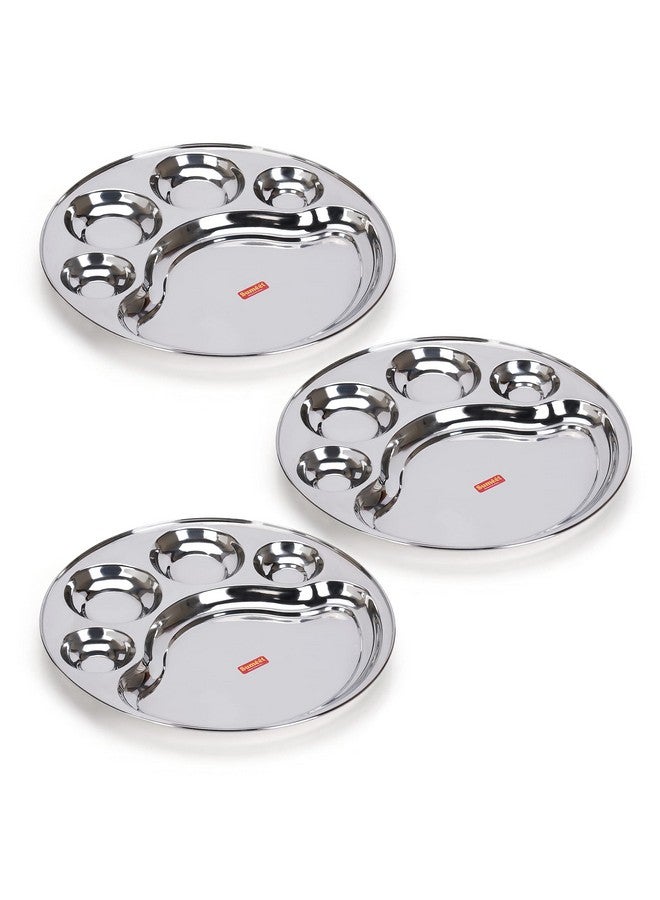 Sumeet Stainless Steel Round 5 in 1 Compartment Lunch/Dinner Plate Set of 3Pcs, 34cm Dia, Silver - Image 1