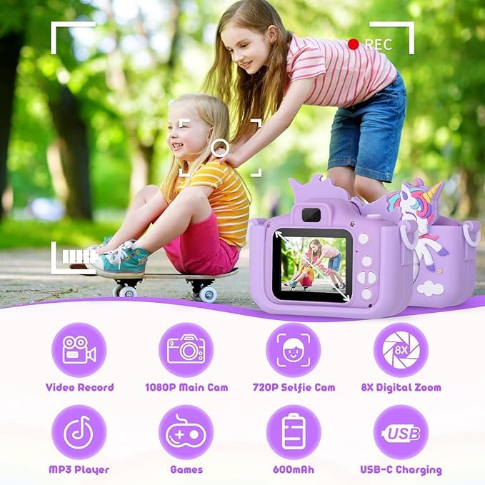 Noniu Unicorn Kids Digital Camera – 48MP Mini Camera with Dual Lens, HD Video Recorder, 2-Inch IPS Display, Type-C Charging & 8GB SD Card – Creative Gift for Boys & Girls Ages 5–10 (Blue) - Image 4