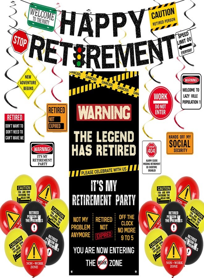 Roetyce Retirement Decorations Men Women, Caution Logos Happy Retirement Banner Balloons Hanging Swirls Kit, Funny Legend Retired Party Supplies Backdrop for Coworker Family, Retired Door Wall Signs - Image 1