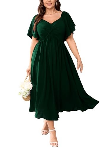 SCOMCHIC Women's Plus Size Wedding Guest Cocktail Dresses Sweetheart Neckline Ruffle Sleeve A Line Maxi Dress Emerald Green - Image 1