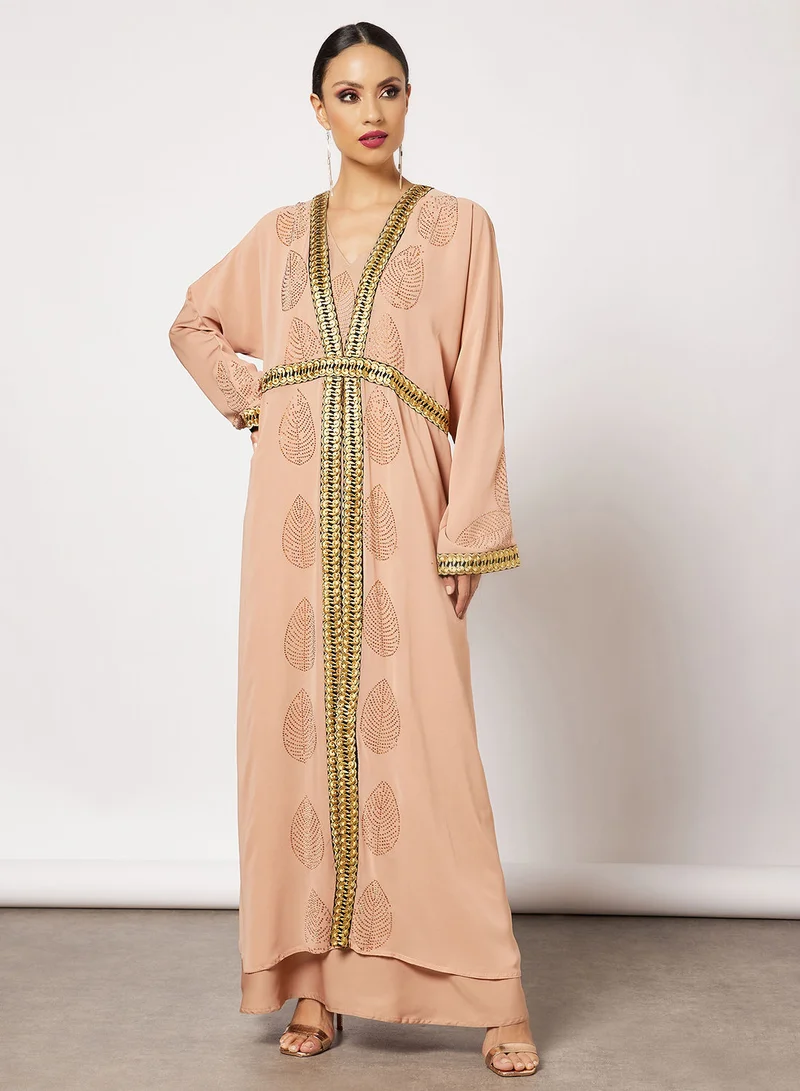 Hayat Jersey Abaya With Contrasting Panel And Front Embroidery