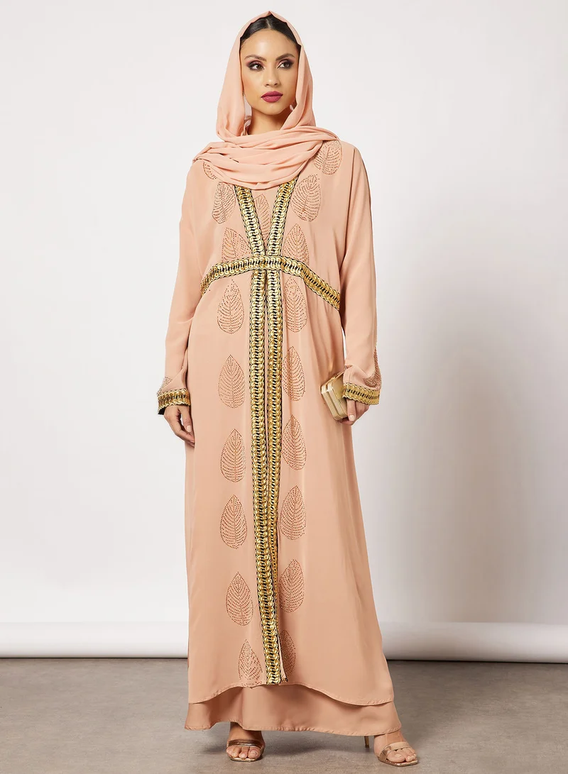 Hayat Jersey Abaya With Contrasting Panel And Front Embroidery