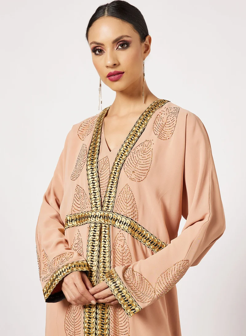 Hayat Jersey Abaya With Contrasting Panel And Front Embroidery