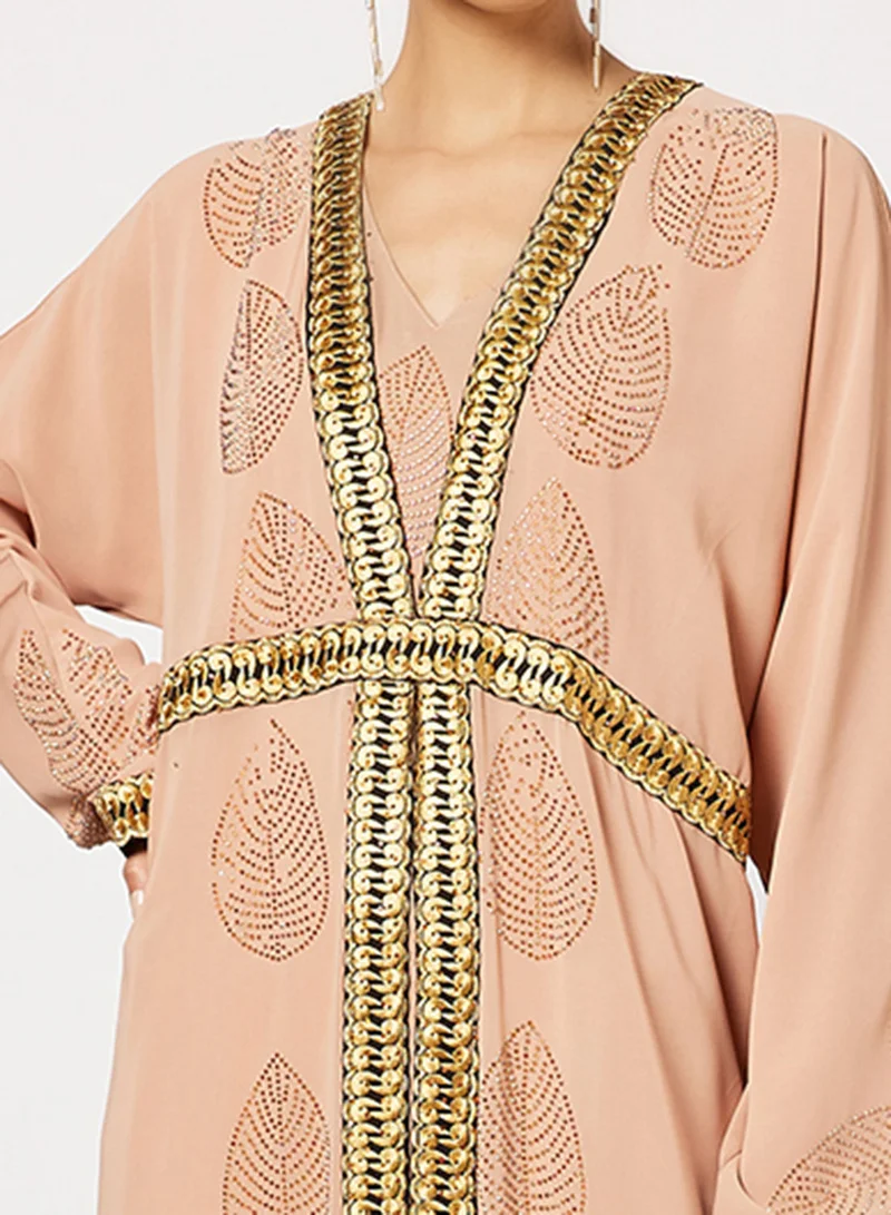 Hayat Jersey Abaya With Contrasting Panel And Front Embroidery