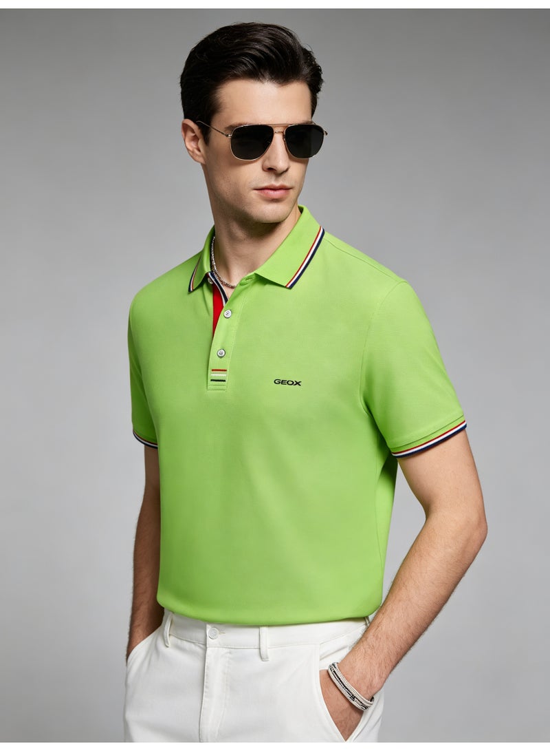 GEOX Unisex Short Sleeve Collar Polo Shirt, Contrast Striped Cuff & Collar, Casual Daily Wear, Cyan - Image 1