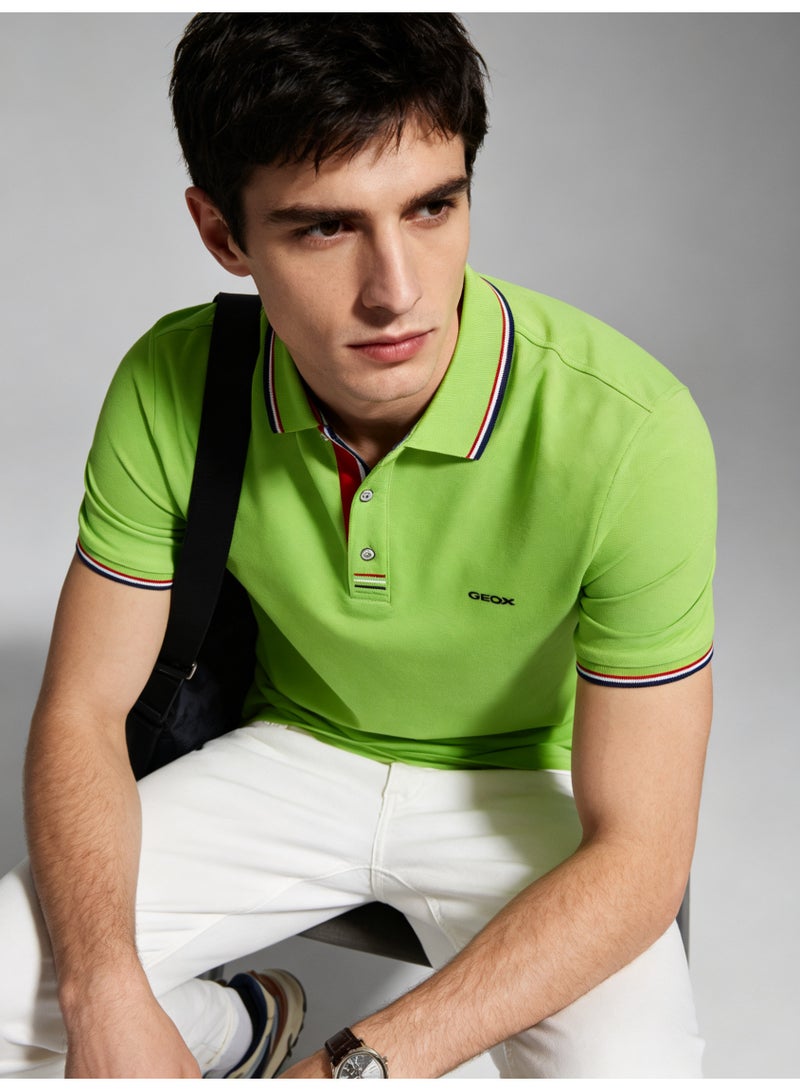 GEOX Unisex Short Sleeve Collar Polo Shirt, Contrast Striped Cuff & Collar, Casual Daily Wear, Cyan - Image 2