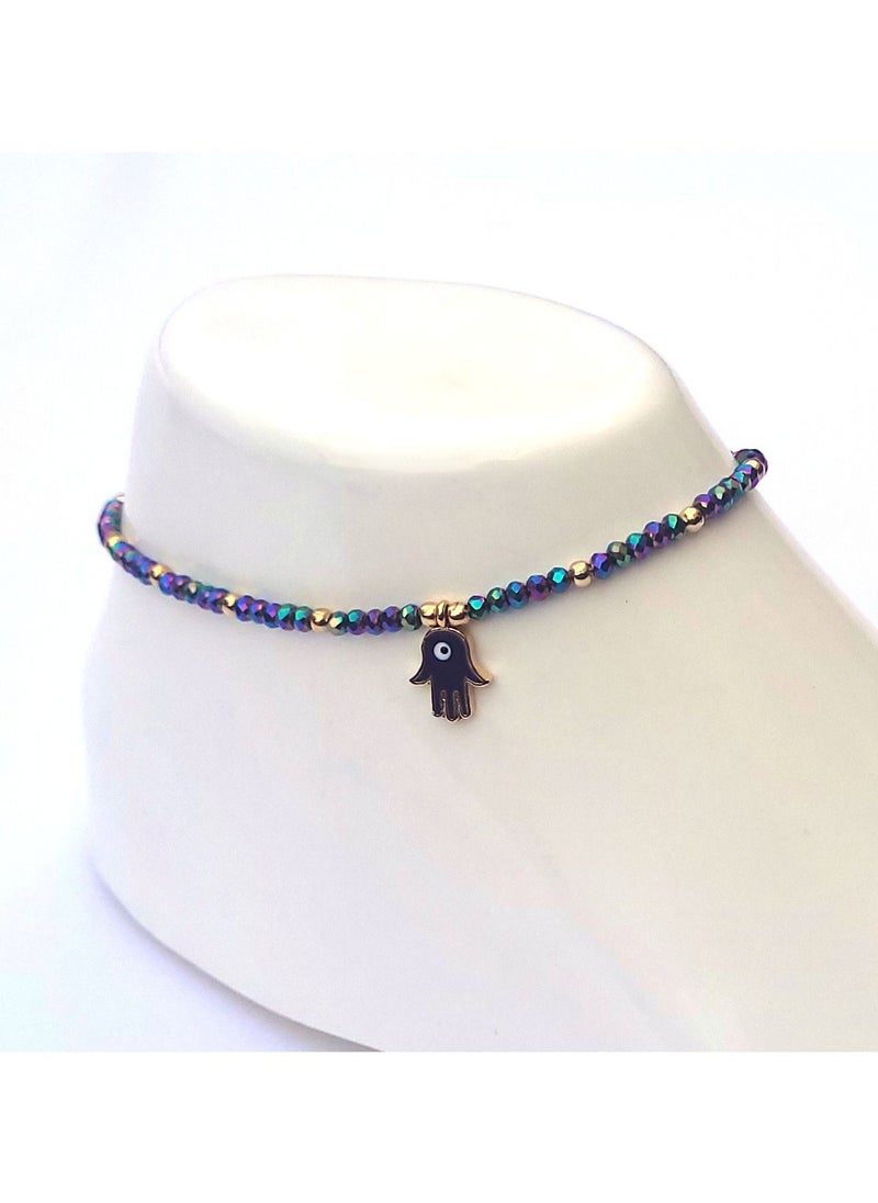 Alwan - Long Size Crystal Anklet with an Evil Eye in the Center of a Hamsa - Image 1