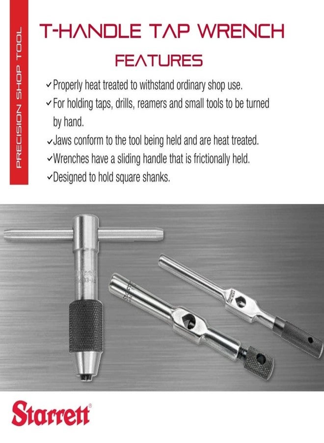 Starrett T-Handle Tap Wrench - Ideal for Holding Taps, Drills, Reamers and Small Tools - 1/4-1/2" Capacity Tap Size, 3-1/2" Body Length, 3/16-5/16" Square Shank - 93C - Image 2