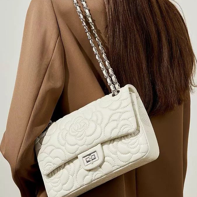 New Genuine Leather Small Square Bag, Small Fragrant Camellia Pattern, First Layer Sheepskin Texture, Western Style Chain Crossbody Bag For Women - Image 2