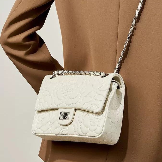 New Genuine Leather Small Square Bag, Small Fragrant Camellia Pattern, First Layer Sheepskin Texture, Western Style Chain Crossbody Bag For Women - Image 3