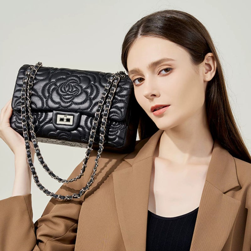 New Genuine Leather Small Square Bag, Small Fragrant Camellia Pattern, First Layer Sheepskin Texture, Western Style Chain Crossbody Bag For Women - Image 5