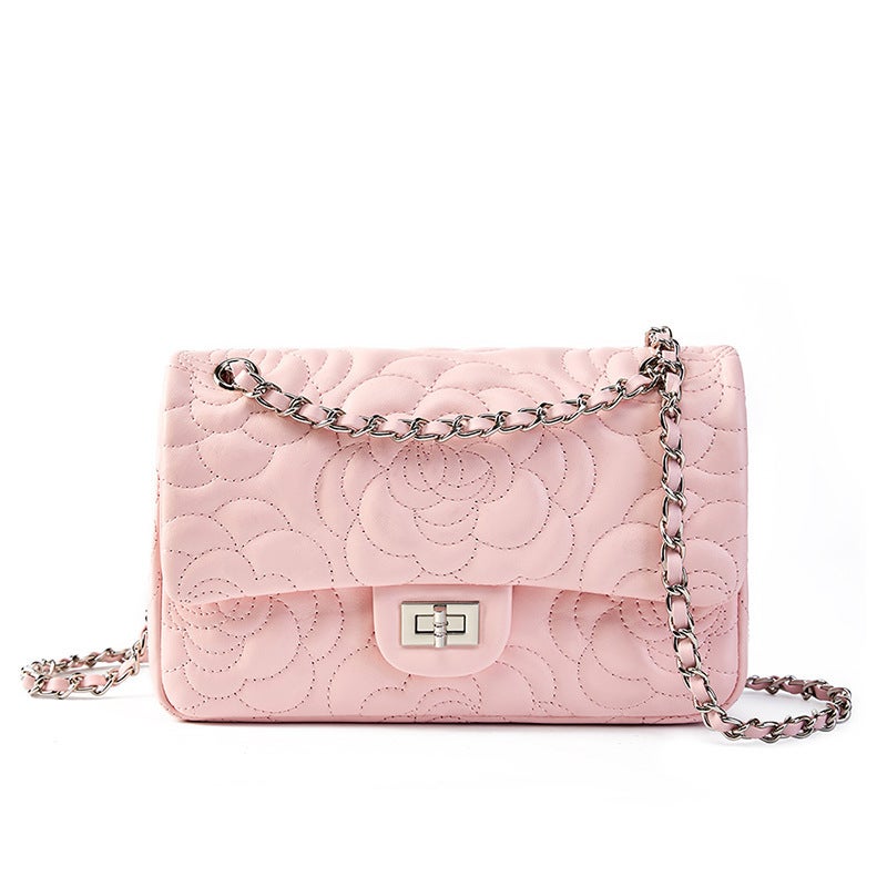 New Genuine Leather Small Square Bag, Small Fragrant Camellia Pattern, First Layer Sheepskin Texture, Western Style Chain Crossbody Bag For Women - Image 1