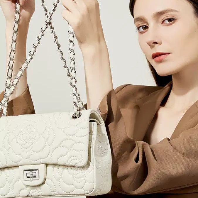 New Genuine Leather Small Square Bag, Small Fragrant Camellia Pattern, First Layer Sheepskin Texture, Western Style Chain Crossbody Bag For Women - Image 4