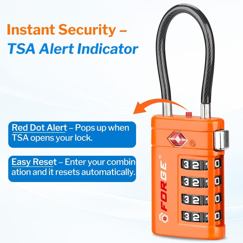 أقفال أمتعة Forge معتمدة من TSA – أقفال سفر TSA برمز مكوّن من 4 أرقام مع TSA008، ومؤشر تنبيه عند الفتح، وهيكل من سبيكة الزنك للأمتعة وحقيبة السفر وحقيبة الظهر وغير ذلك، أسود 2 PK، أقفال كابل - Image 3