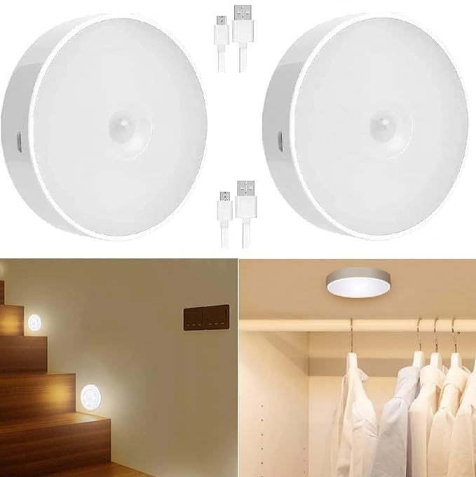 KEYORA White Motion Sensor Night Light for Home with USB Charging Battery Rechargeable Wireless Magnetic Self Adhesive LED Lamp for Wardrobe, Cabinet, Cupboard, Kitchen, Bedroom, Stairs Pack of 2 - Image 1