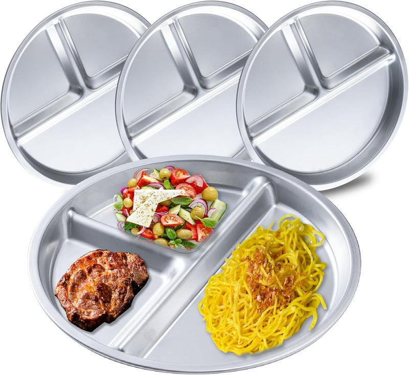 BEWBBAT 4 Pack 304 Stainless Steel Divided Plate 8 Inch 3 Section Round Divided Plates Portion Control Plates Partition Plate for Adults Camping Picnic Home Silver - Image 1