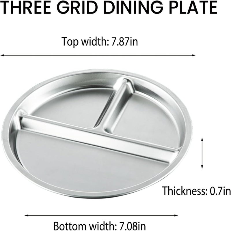 BEWBBAT 4 Pack 304 Stainless Steel Divided Plate 8 Inch 3 Section Round Divided Plates Portion Control Plates Partition Plate for Adults Camping Picnic Home Silver - Image 2