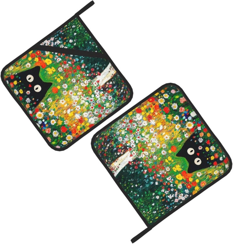 GTEVUTS 2 Pack Wildflower Cats Pot Holders,Heat Resistant Countertop Hot Pads with Hanging Loops,Cute Cats Potholder Set for Kitchen Baking Chef Barbeque,Square,8X8 inch - Image 3
