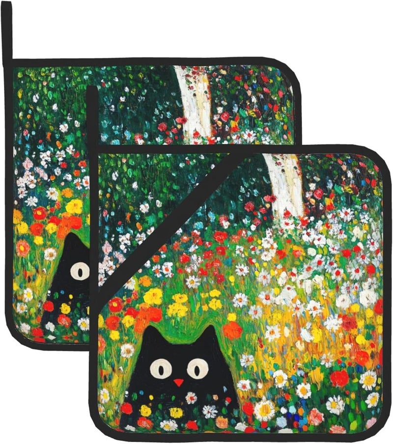 GTEVUTS 2 Pack Wildflower Cats Pot Holders,Heat Resistant Countertop Hot Pads with Hanging Loops,Cute Cats Potholder Set for Kitchen Baking Chef Barbeque,Square,8X8 inch - Image 1