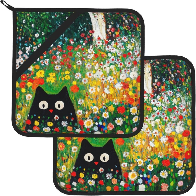 GTEVUTS 2 Pack Wildflower Cats Pot Holders,Heat Resistant Countertop Hot Pads with Hanging Loops,Cute Cats Potholder Set for Kitchen Baking Chef Barbeque,Square,8X8 inch - Image 2