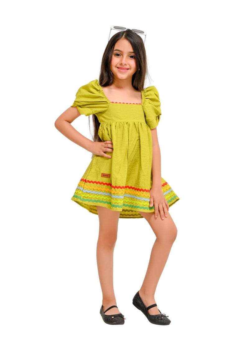 Zig  Cotton Dress with Puffy Short Sleeves and Colorful Wavy Trims - Image 1
