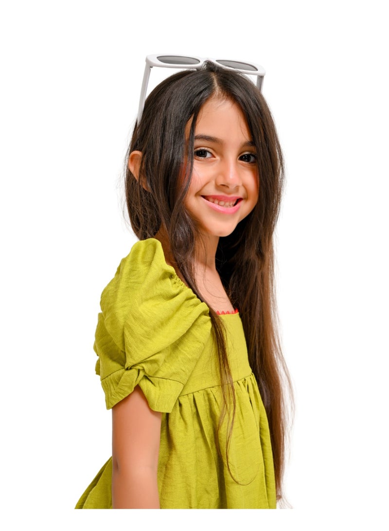 Zig  Cotton Dress with Puffy Short Sleeves and Colorful Wavy Trims - Image 2