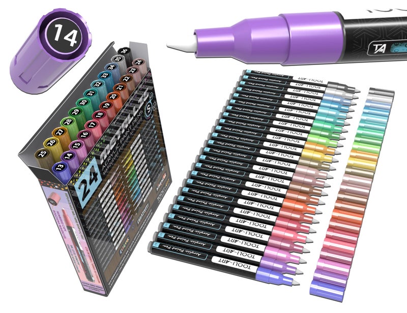 TOOLI-ART 24 Metallic Acrylic Paint Markers Paint Pens Set 07mm Extra Fine Tip For Rock Painting Glass Mugs Wood Metal Canvas DIY Projects Outlining Detailing Non Toxic Waterbased Quick Drying - Image 2
