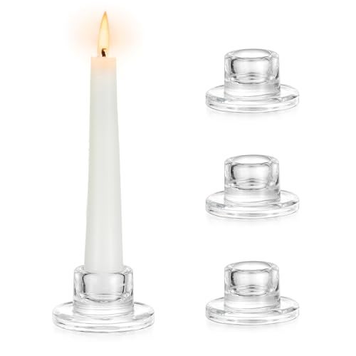 Hewory Glass Taper Candle Holders 4 PCS Candlestick Holders Clear Short Tapered Candle Holder Set Candle Stick Holder Decor for Table Centerpiece Wedding Party Advent Christmas Home Decorations - Image 1