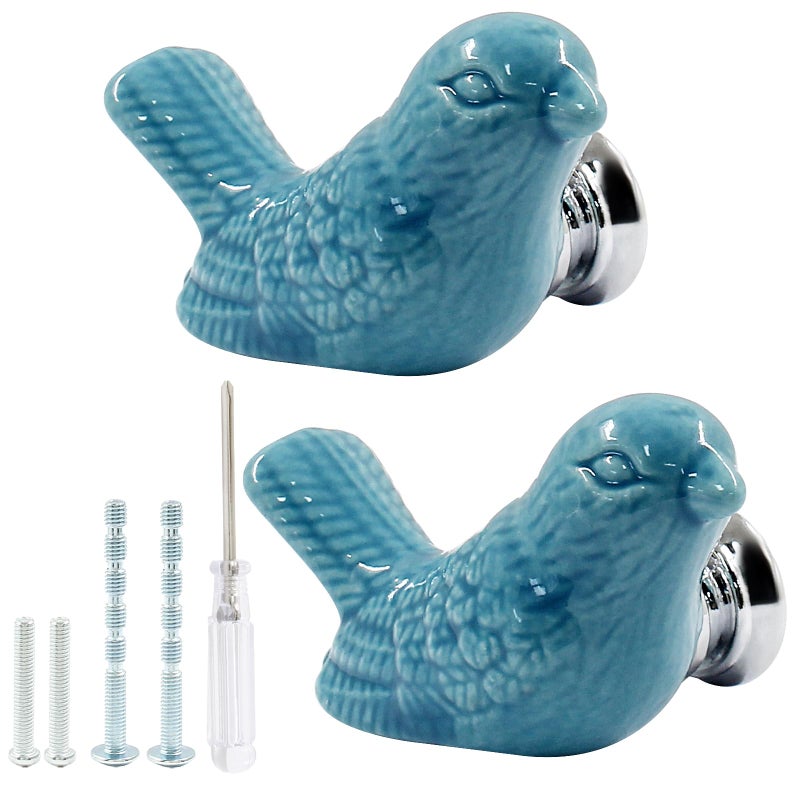 HARSKIYER Bird Shape Ceramic Knobs, 2 Pack Blue Cute Cabinet Pulls Handles for Dresser, Drawer, Cupboard with Mounting Screws and Screwdriver - Image 1