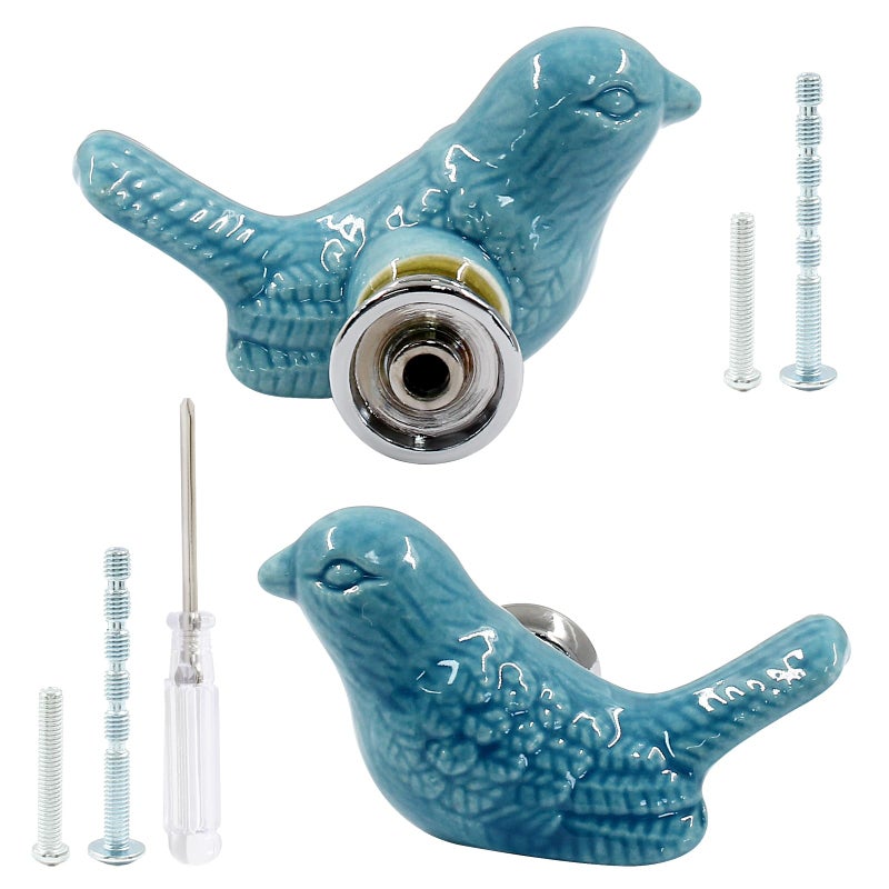 HARSKIYER Bird Shape Ceramic Knobs, 2 Pack Blue Cute Cabinet Pulls Handles for Dresser, Drawer, Cupboard with Mounting Screws and Screwdriver - Image 2