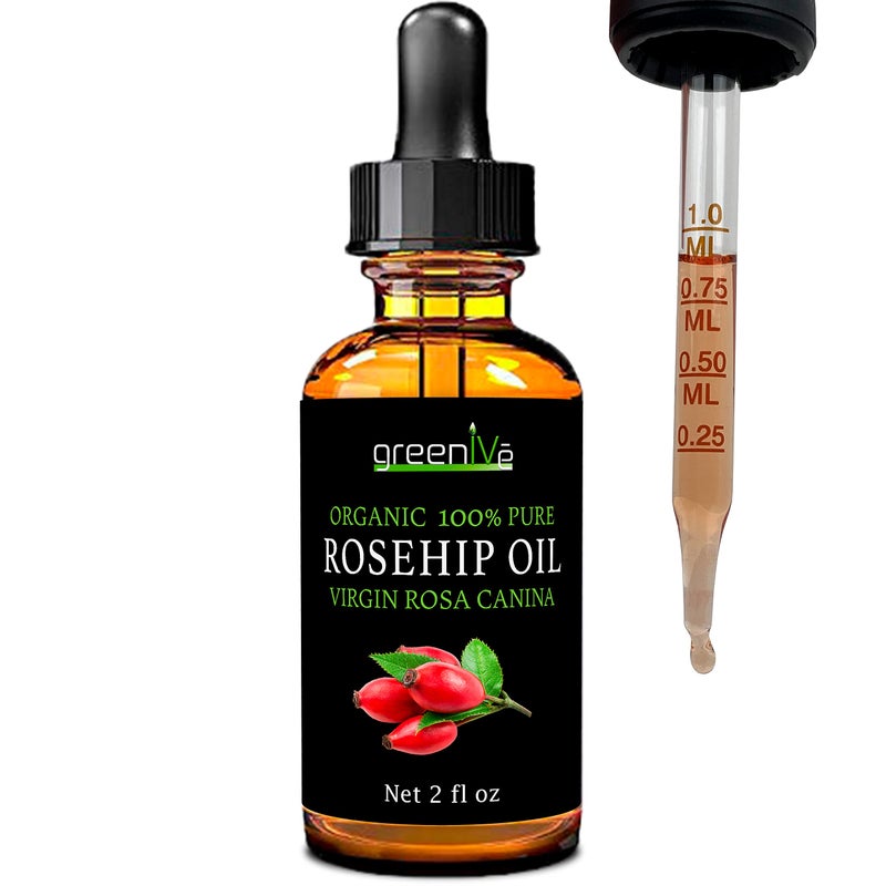 GreenIVe Rosehip Oil Rosa Canina 100% Pure Cold Pressed Virgin Oil Glass Dropper Easy Application (2 Fl Oz) - Image 1