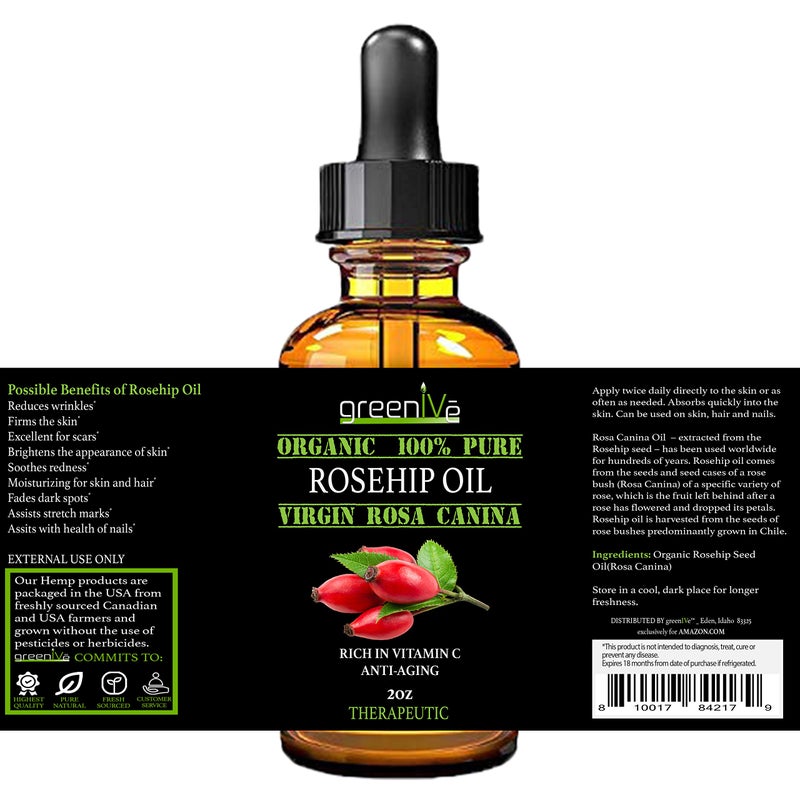 GreenIVe Rosehip Oil Rosa Canina 100% Pure Cold Pressed Virgin Oil Glass Dropper Easy Application (2 Fl Oz) - Image 3