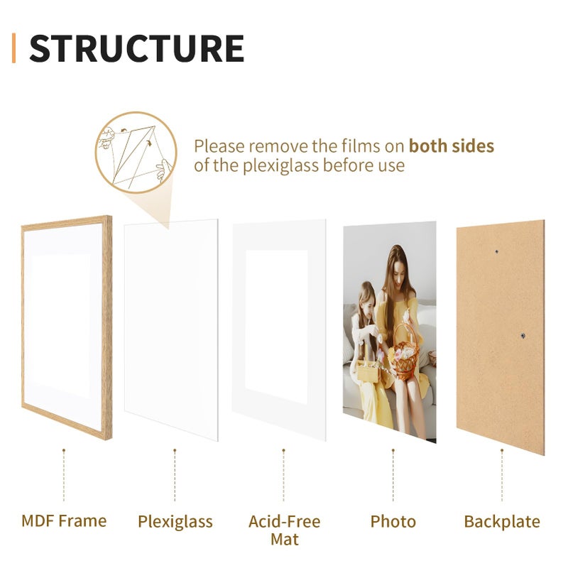 ATOBART 11x14 Picture Frame Set of 4, Displays 8x10 with Mat or 11x14 Without Mat, Photo Frames for Wall Hanging or Tabletop, Includes HD Plexiglass, Light Wood Grain - Image 3