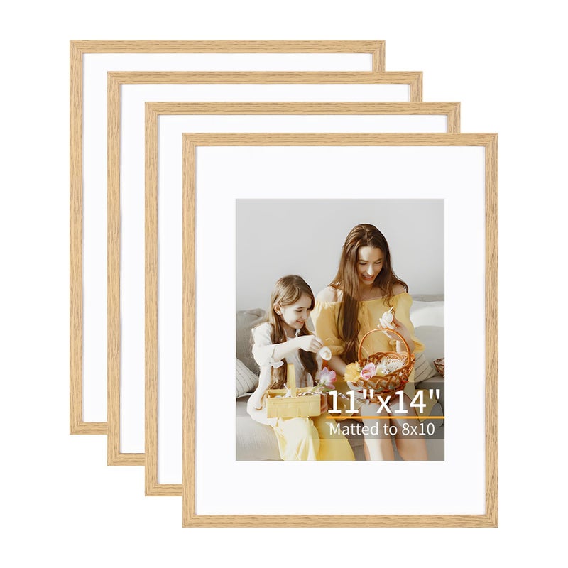 ATOBART 11x14 Picture Frame Set of 4, Displays 8x10 with Mat or 11x14 Without Mat, Photo Frames for Wall Hanging or Tabletop, Includes HD Plexiglass, Light Wood Grain - Image 1