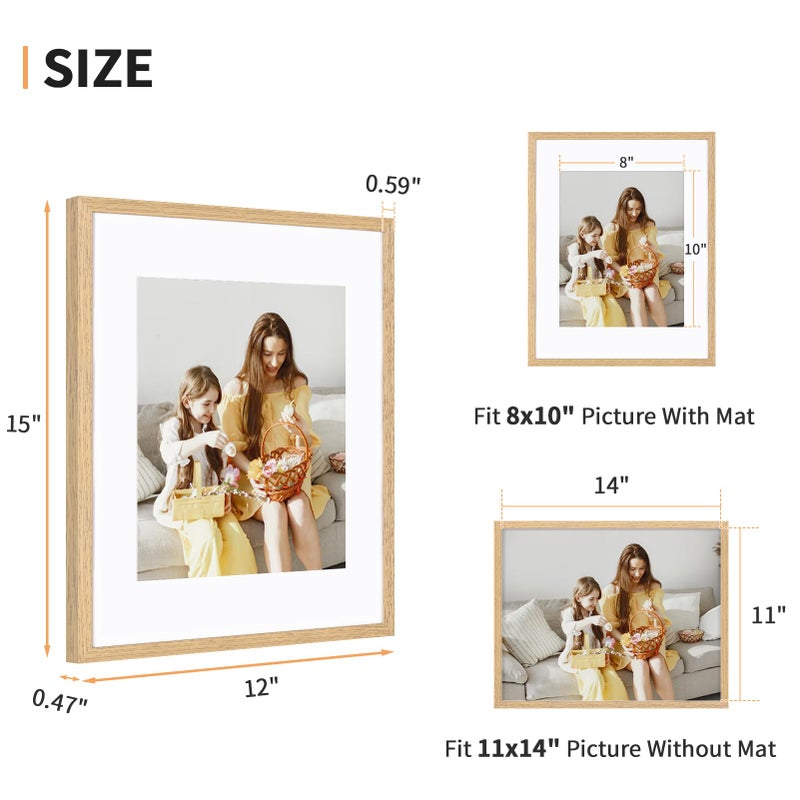 ATOBART 11x14 Picture Frame Set of 4, Displays 8x10 with Mat or 11x14 Without Mat, Photo Frames for Wall Hanging or Tabletop, Includes HD Plexiglass, Light Wood Grain - Image 2