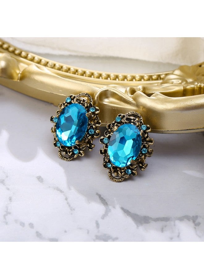 BriLove Victorian Style Clip On Earrings For Women Crystal Floral Cameo Inspired Oval Earrings Blue Antique-Gold-Toned - Image 4