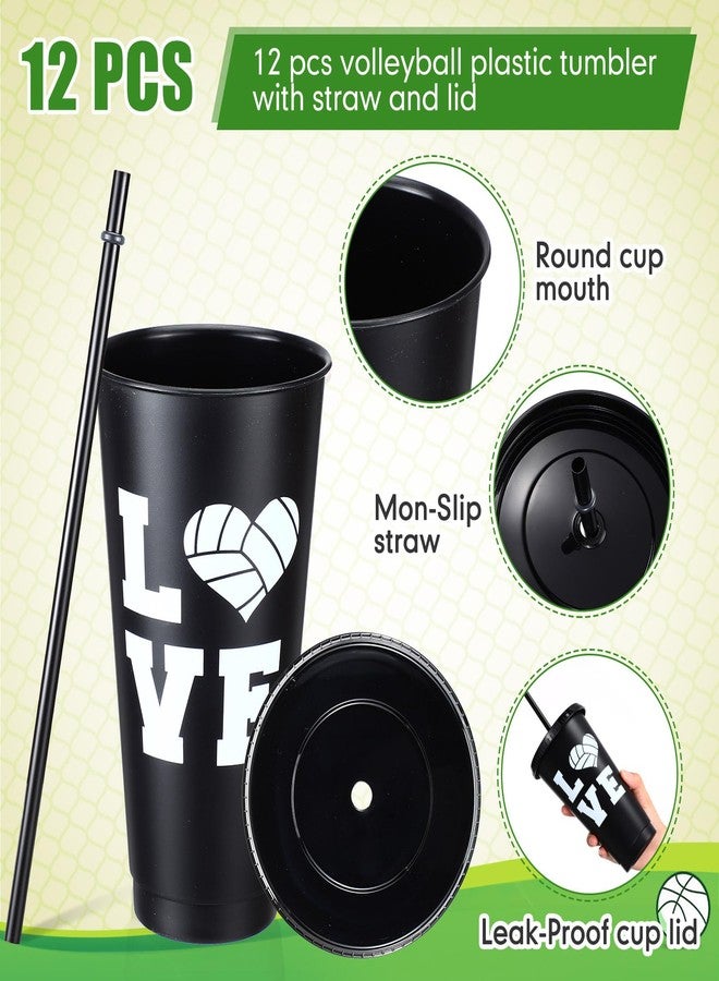 Potchen 12 Pcs Volleyball Plastic Cups 24 oz Volleyball Reusable Tumbler with Lids and Straws Black Drinking Juice Cups for Team Gifts Match Training Birthday Party Supplies - Image 2