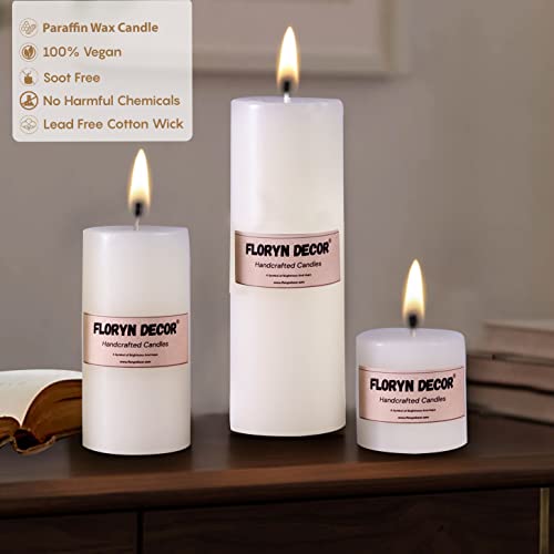 Floryn Decor Paraffin Wax Smokeless White Candles, Pack of 3 Pillar Candles for Home Decor | Unscented, (2 by 6, 2 by 4, 2 by 2 inches) - Image 2