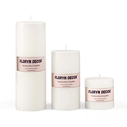 Floryn Decor Paraffin Wax Smokeless White Candles, Pack of 3 Pillar Candles for Home Decor | Unscented, (2 by 6, 2 by 4, 2 by 2 inches) - Image 1