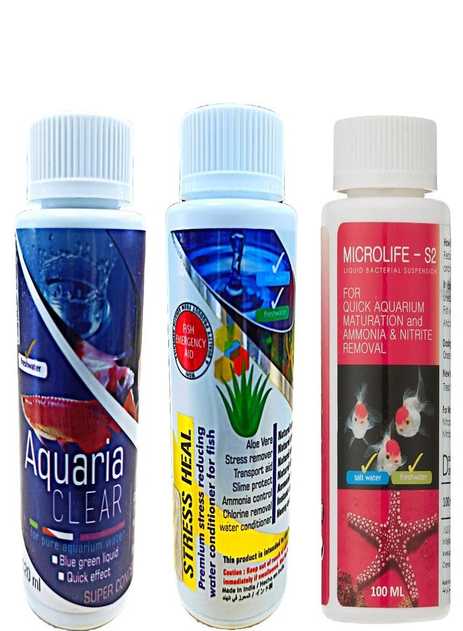 Scroll Store Aquarium Remedies 3 in 1 Pack | Aqua Clear, Stress Heal and Microlife S2 | Fish Tank Starter kit 100Ml Each - Image 1