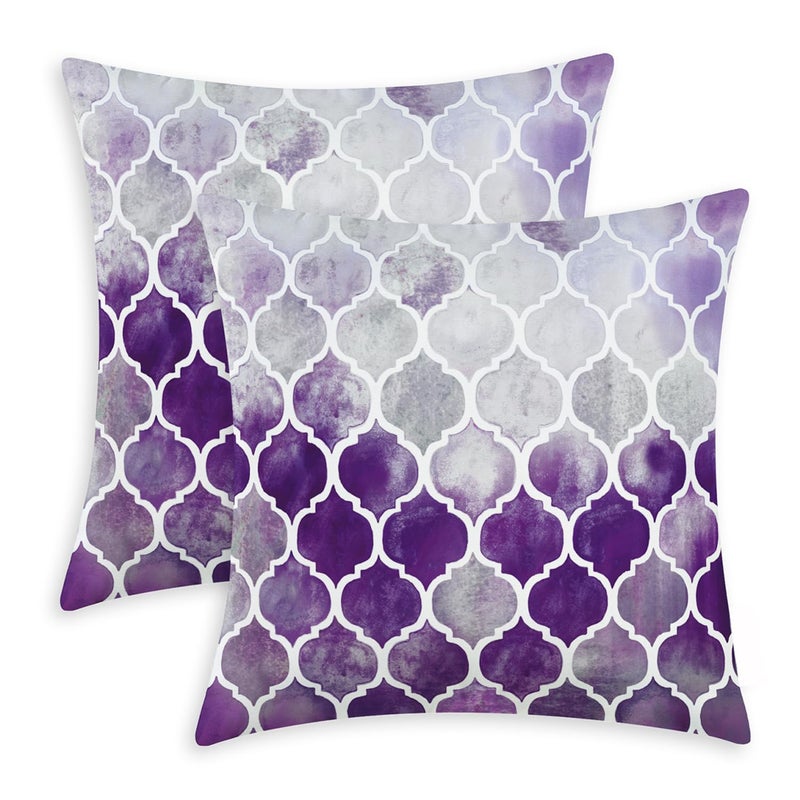 CaliTime CaliTime Cushion Covers Cosy Cushion Covers for Couch Bed Sofa Manual Hand Painted Colourful Geometric Lattice Chain Print 45 cm x 45 cm Main Grey Purple Aubergine Pack of 2  - Image 1