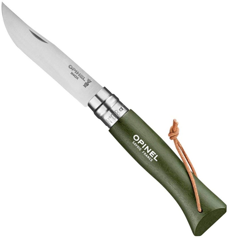Opinel سكين أوبينيل No8 القابلة للطي من الفولاذ المقاوم للصدأ مع حبل جلد وكهرماني أخضر مصبوغ، شفرة بطول 8.5 سنتيمتر - Image 1