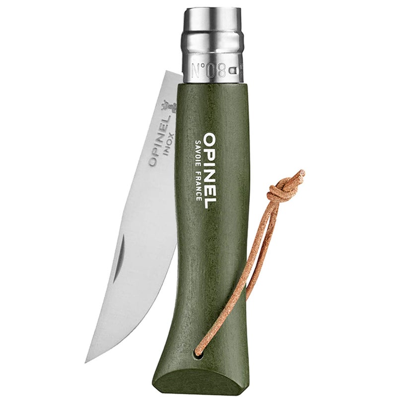 Opinel سكين أوبينيل No8 القابلة للطي من الفولاذ المقاوم للصدأ مع حبل جلد وكهرماني أخضر مصبوغ، شفرة بطول 8.5 سنتيمتر - Image 4